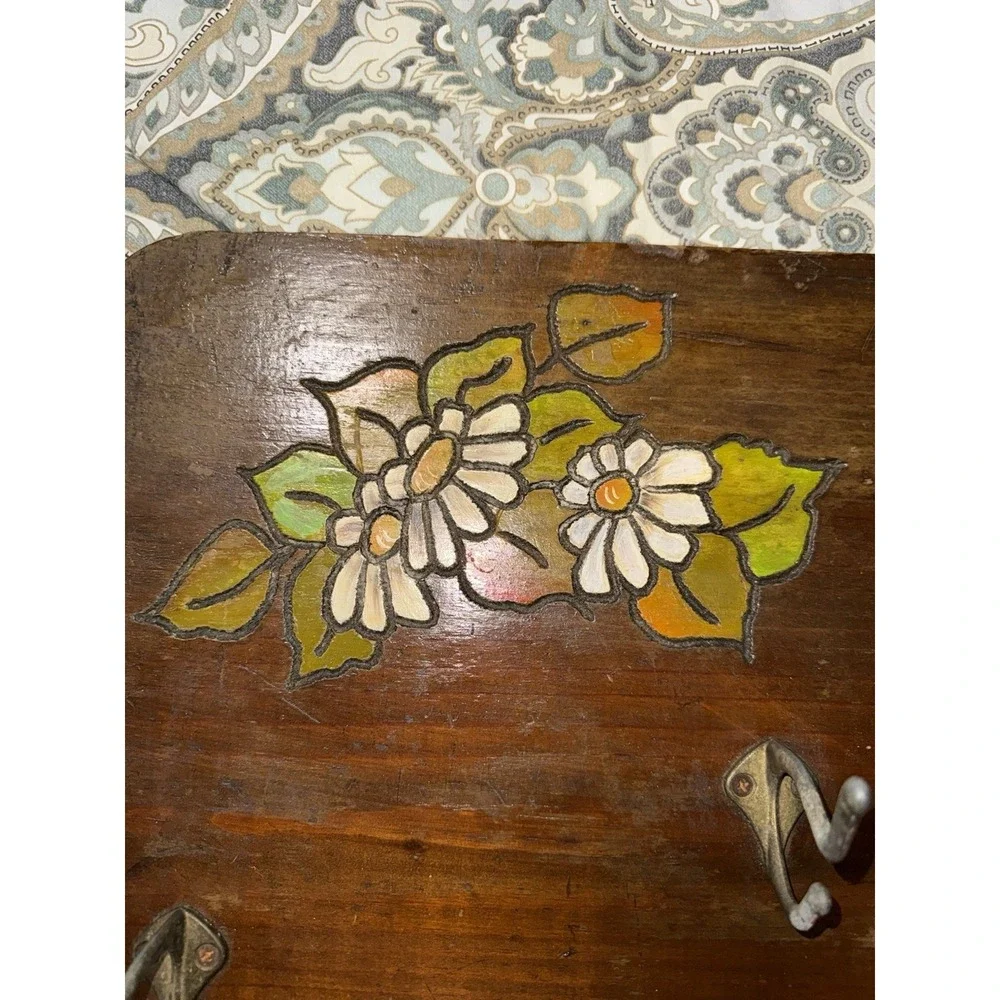 Vintage‎ Wood 4  Brass Hook Floral Hand Engraved Signed Wall Coat Rack Farmhouse